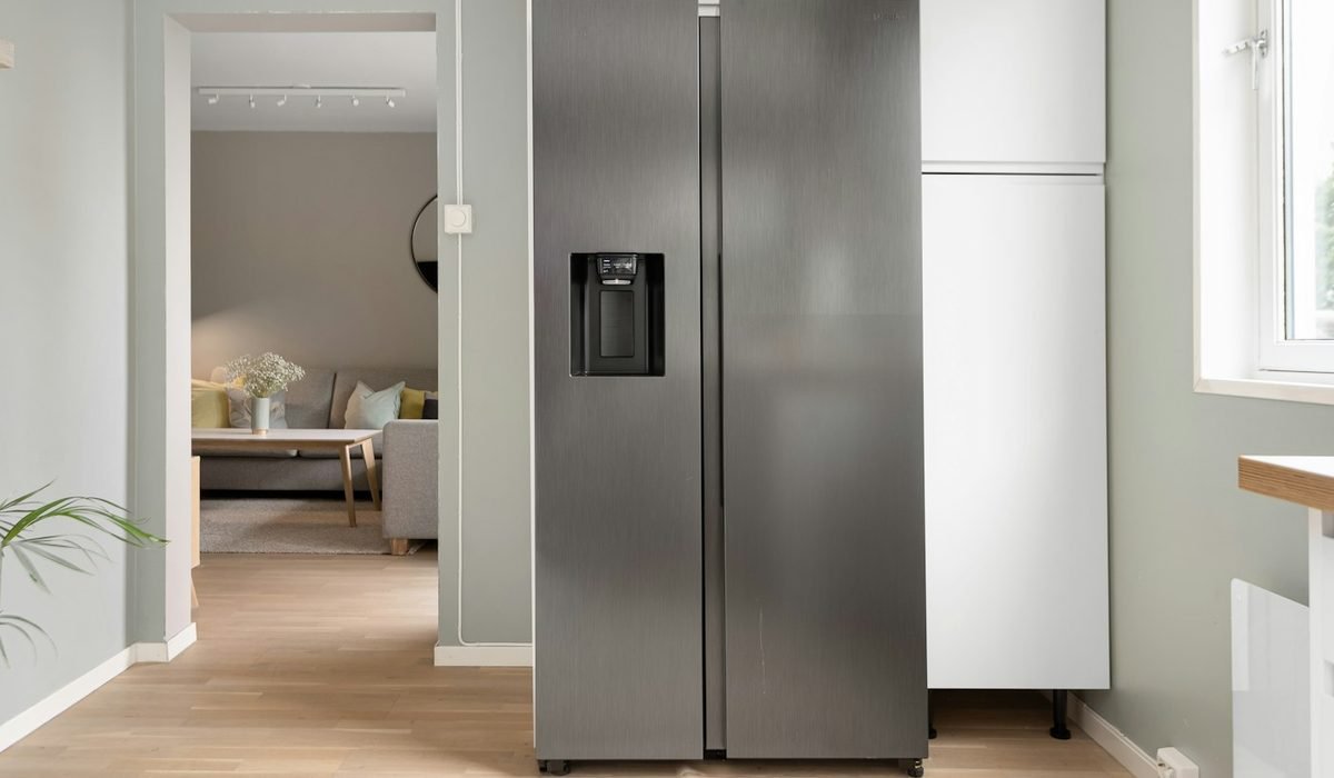 Side-by-side refrigerator in a home kitchen