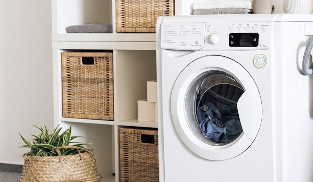 Front-load washing machine in a home laundry area